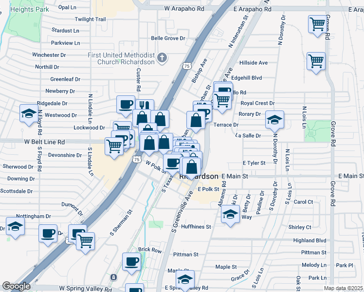 map of restaurants, bars, coffee shops, grocery stores, and more near 201 N Interurban St in Richardson