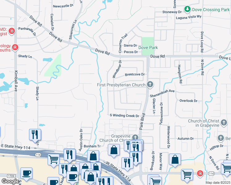 map of restaurants, bars, coffee shops, grocery stores, and more near 1040 Woodbriar Drive in Grapevine