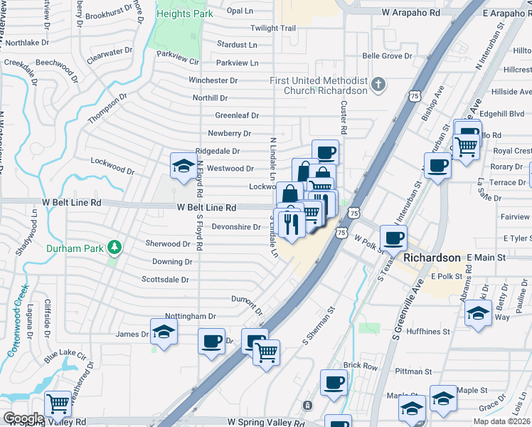 map of restaurants, bars, coffee shops, grocery stores, and more near 601 West Belt Line Road in Richardson