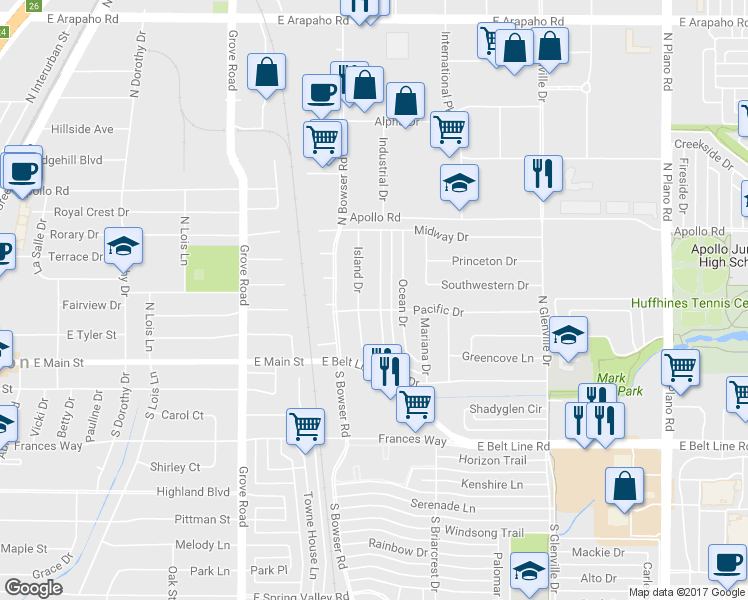 map of restaurants, bars, coffee shops, grocery stores, and more near 203 Wake Drive in Richardson