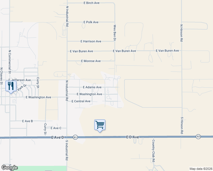 map of restaurants, bars, coffee shops, grocery stores, and more near 1906 East Adams Avenue in Lovington