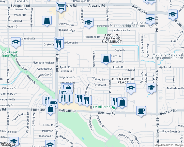 map of restaurants, bars, coffee shops, grocery stores, and more near 3622 Holly Tree Trail in Garland