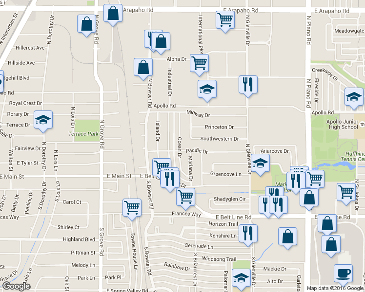 map of restaurants, bars, coffee shops, grocery stores, and more near 200 Ocean Drive in Richardson