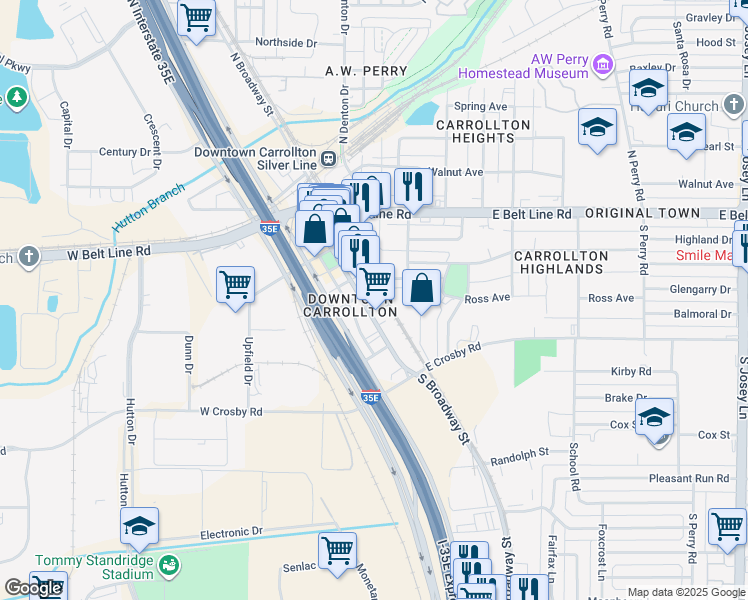 map of restaurants, bars, coffee shops, grocery stores, and more near 1405 South Broadway Street in Carrollton