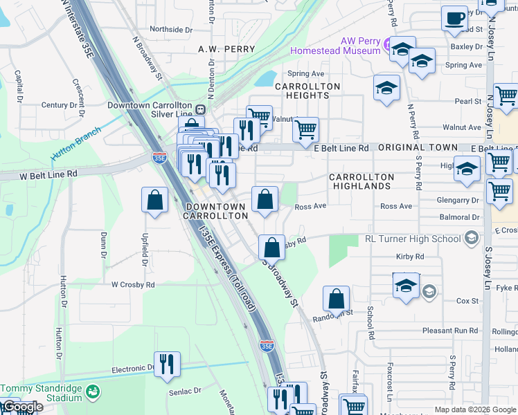 map of restaurants, bars, coffee shops, grocery stores, and more near 1110 Vandergriff Drive in Carrollton