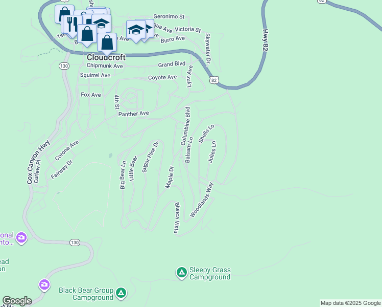 map of restaurants, bars, coffee shops, grocery stores, and more near 800 Balsam Lane in Cloudcroft