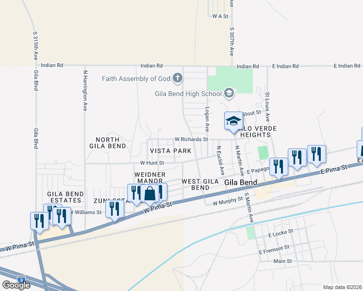 map of restaurants, bars, coffee shops, grocery stores, and more near 305 West Richards Street in Gila Bend