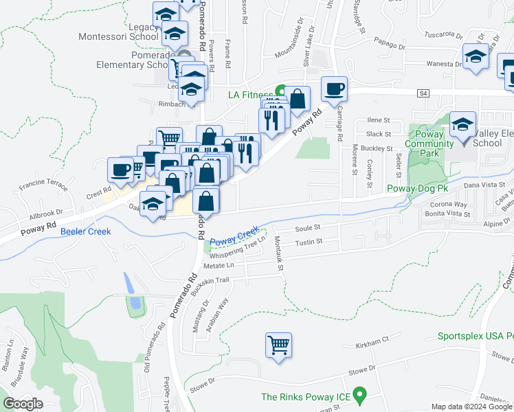 map of restaurants, bars, coffee shops, grocery stores, and more near 12540 Oak Knoll Road in Poway