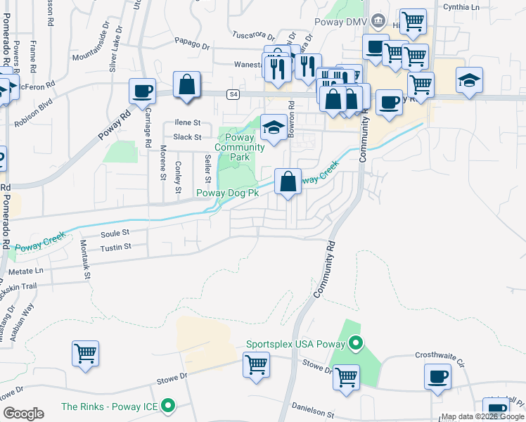 map of restaurants, bars, coffee shops, grocery stores, and more near 13103 Corona Way in Poway