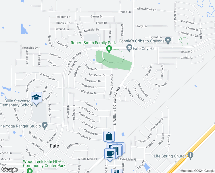 map of restaurants, bars, coffee shops, grocery stores, and more near 910 Baldcypress Drive in Rockwall