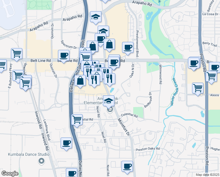 map of restaurants, bars, coffee shops, grocery stores, and more near 14854 Montfort Drive in Dallas