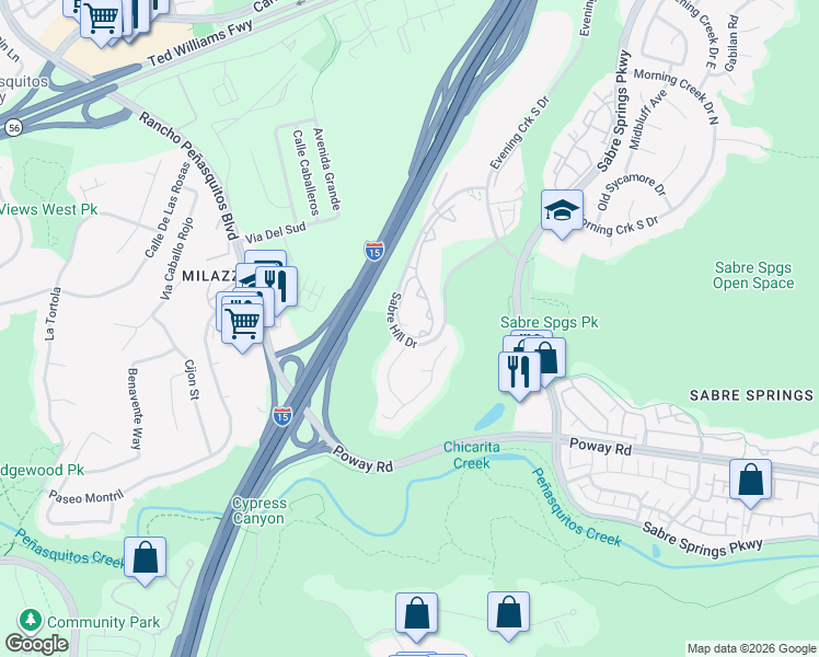 map of restaurants, bars, coffee shops, grocery stores, and more near 10722 Sabre Hill Drive in San Diego