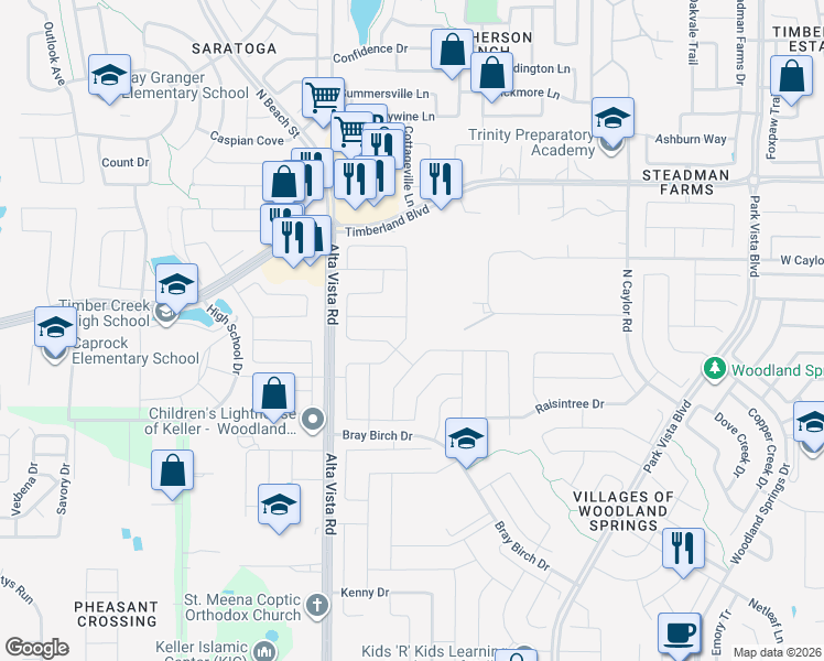 map of restaurants, bars, coffee shops, grocery stores, and more near 12316 Angelfood Lane in Keller