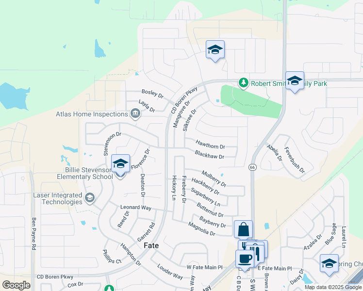 map of restaurants, bars, coffee shops, grocery stores, and more near 901 Silktree Drive in Rockwall