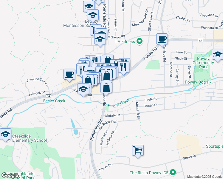 map of restaurants, bars, coffee shops, grocery stores, and more near 12430 Oak Knoll Road in Poway