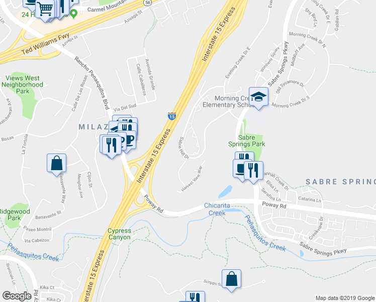 map of restaurants, bars, coffee shops, grocery stores, and more near 10750 Sabre Hill Drive in San Diego