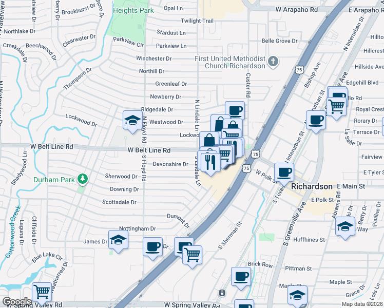 map of restaurants, bars, coffee shops, grocery stores, and more near 601 West Belt Line Road in Richardson