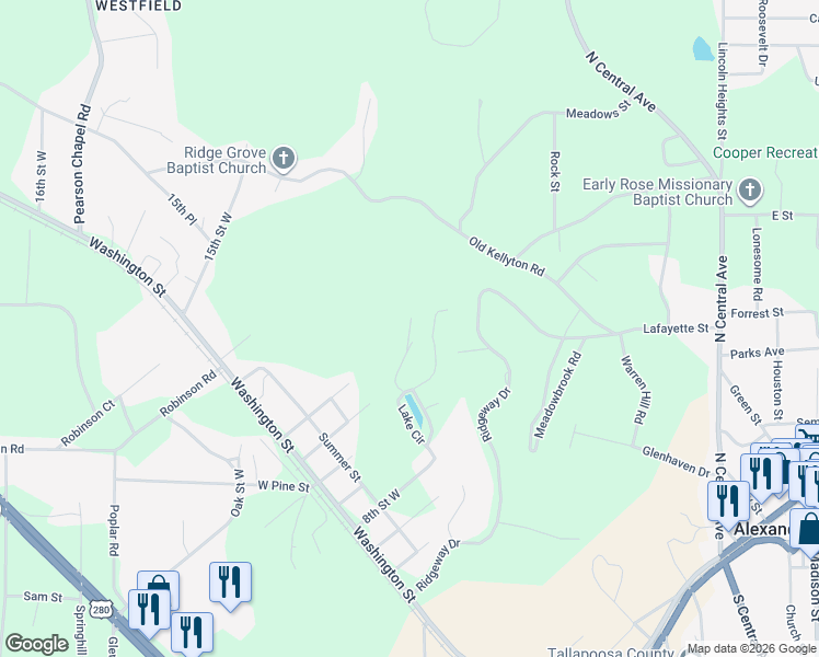 map of restaurants, bars, coffee shops, grocery stores, and more near 549 Sleepy Hollow Dr in Alexander City