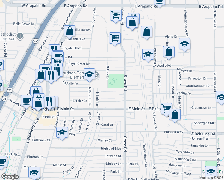 map of restaurants, bars, coffee shops, grocery stores, and more near 522 La Salle Drive in Richardson