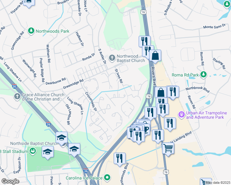 map of restaurants, bars, coffee shops, grocery stores, and more near 7927 Saint Ives Road in North Charleston