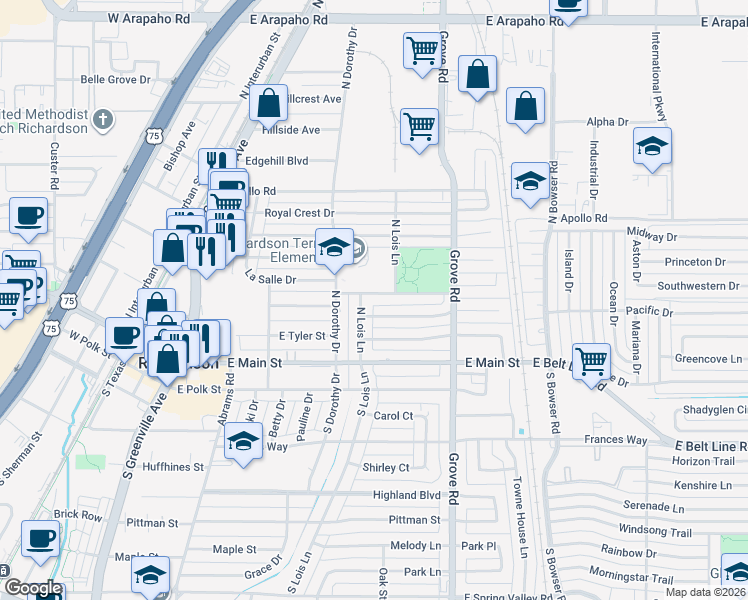 map of restaurants, bars, coffee shops, grocery stores, and more near 508 La Salle Drive in Richardson