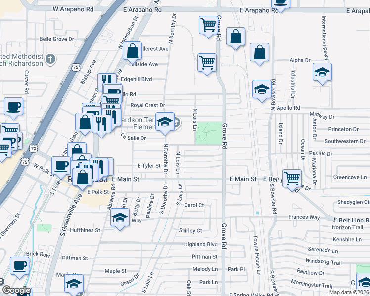 map of restaurants, bars, coffee shops, grocery stores, and more near 508 La Salle Drive in Richardson