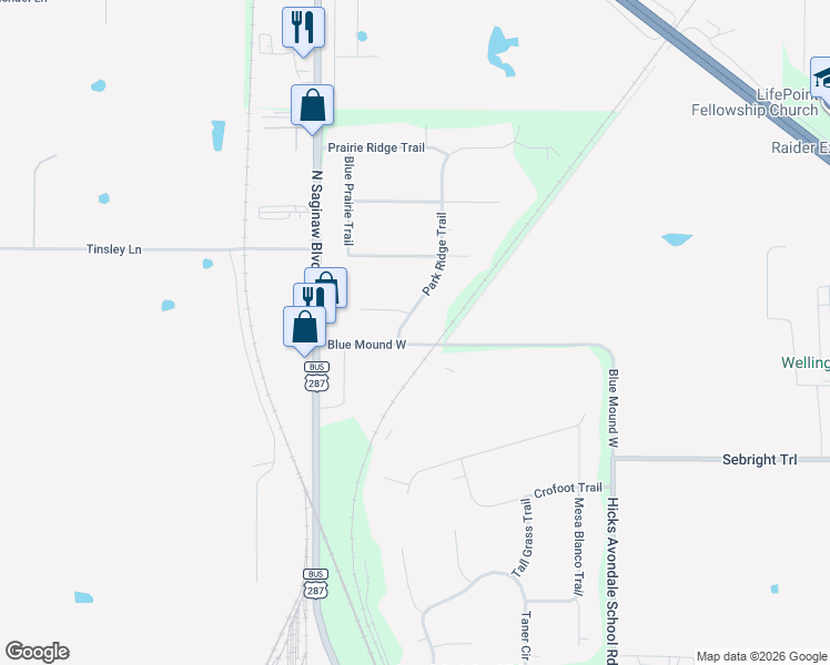 map of restaurants, bars, coffee shops, grocery stores, and more near 12338 Park Ridge Trail in Fort Worth