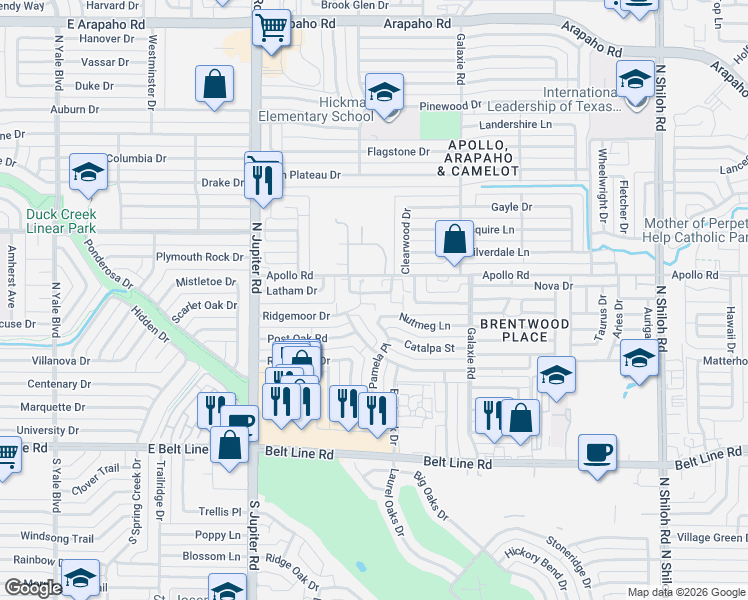 map of restaurants, bars, coffee shops, grocery stores, and more near 3630 Clubview Drive in Garland