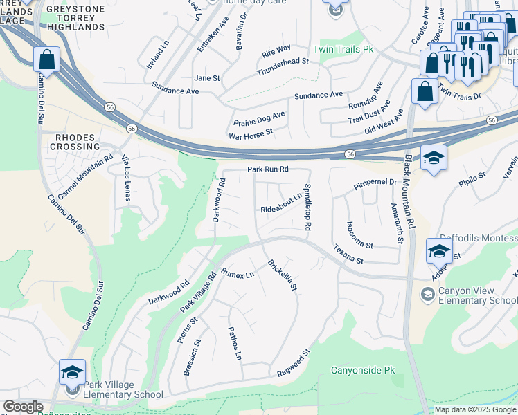 map of restaurants, bars, coffee shops, grocery stores, and more near 12603 Brickellia Street in San Diego
