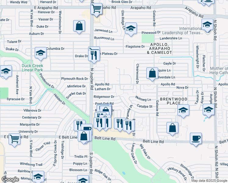 map of restaurants, bars, coffee shops, grocery stores, and more near 3314 Latham Drive in Garland