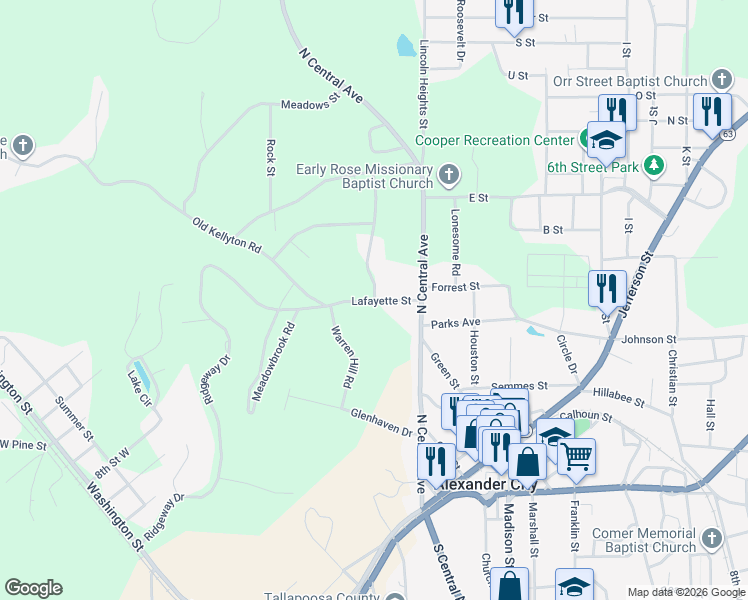 map of restaurants, bars, coffee shops, grocery stores, and more near 211 Maplewood Lane in Alexander City