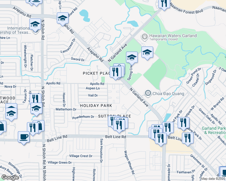 map of restaurants, bars, coffee shops, grocery stores, and more near 1802 Apollo Road in Garland