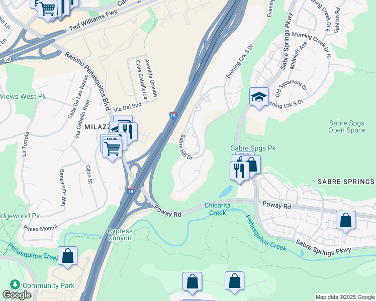 map of restaurants, bars, coffee shops, grocery stores, and more near 10722 Sabre Hill Drive in San Diego