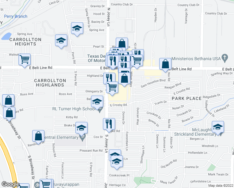 map of restaurants, bars, coffee shops, grocery stores, and more near 1235 South Josey Lane in Carrollton