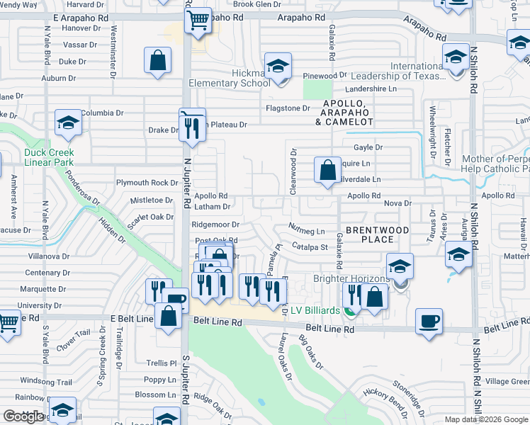 map of restaurants, bars, coffee shops, grocery stores, and more near 3630 Clubview Drive in Garland