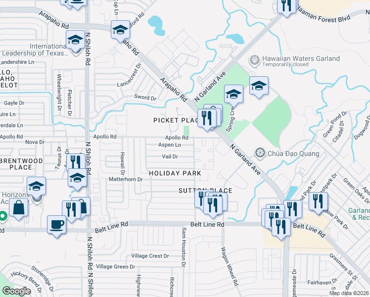 map of restaurants, bars, coffee shops, grocery stores, and more near 1914 Aspen Lane in Garland