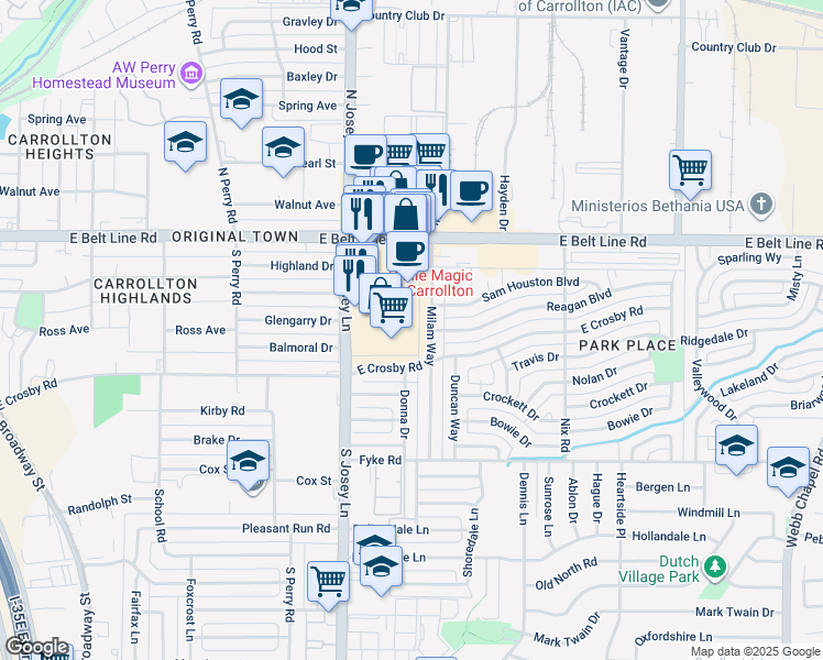 map of restaurants, bars, coffee shops, grocery stores, and more near 1235 South Josey Lane in Carrollton