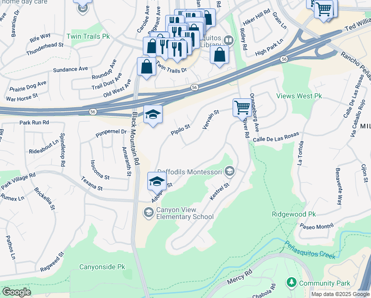 map of restaurants, bars, coffee shops, grocery stores, and more near 9325 Vervain Street in San Diego