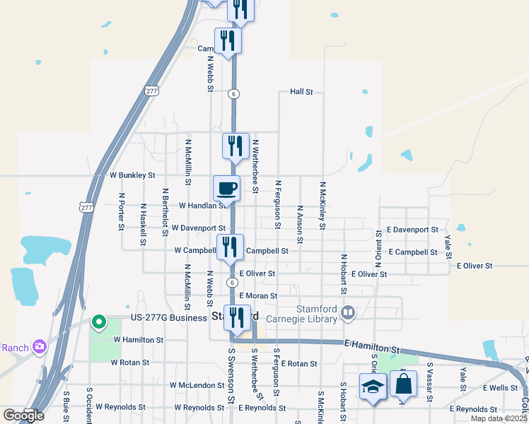 map of restaurants, bars, coffee shops, grocery stores, and more near 206 East Handlan Street in Stamford