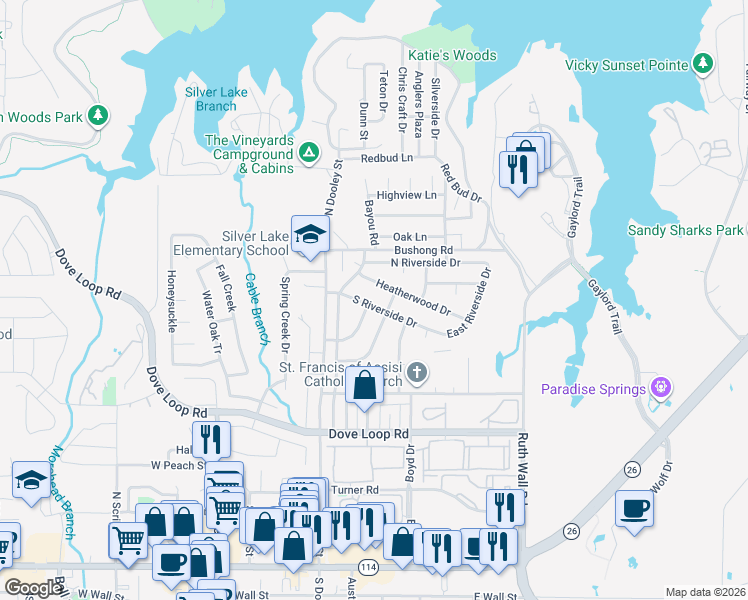 map of restaurants, bars, coffee shops, grocery stores, and more near 1012 South Riverside Drive in Grapevine