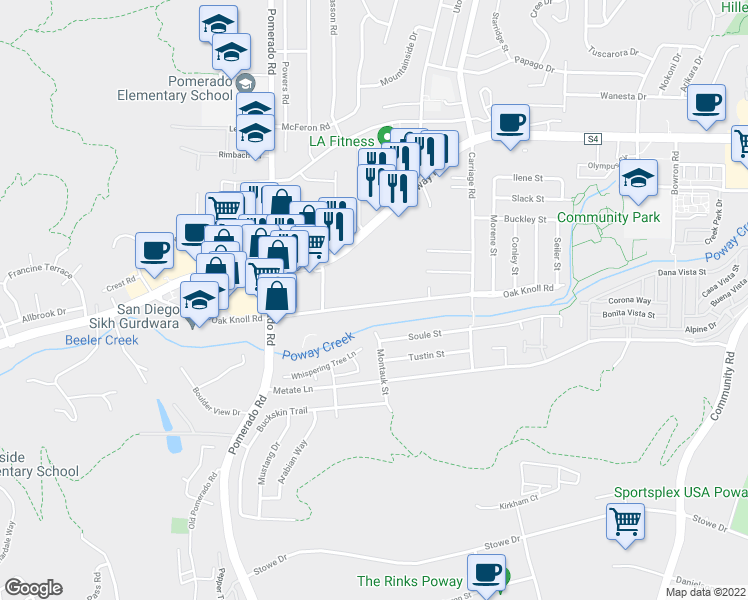 map of restaurants, bars, coffee shops, grocery stores, and more near 12580 Oak Knoll Road in Poway