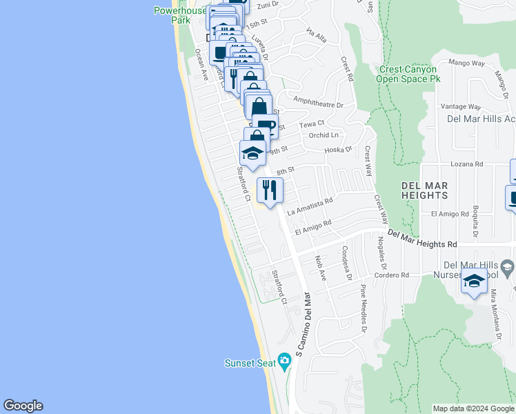 map of restaurants, bars, coffee shops, grocery stores, and more near 149 7th Street in Del Mar