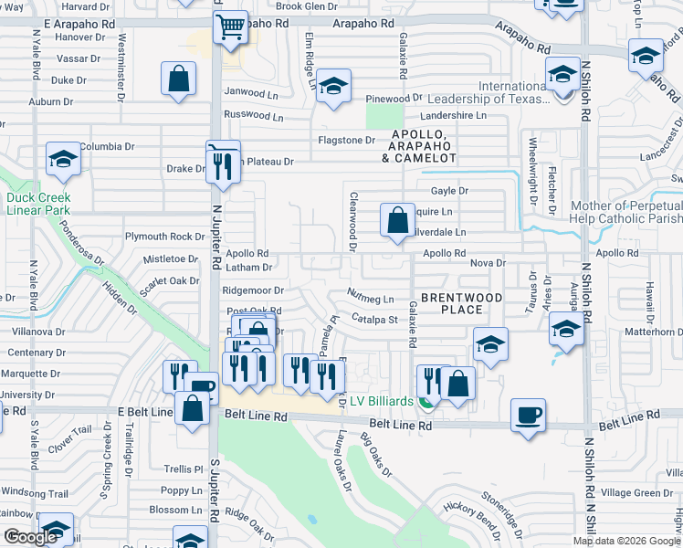 map of restaurants, bars, coffee shops, grocery stores, and more near 3622 Holly Tree Trail in Garland