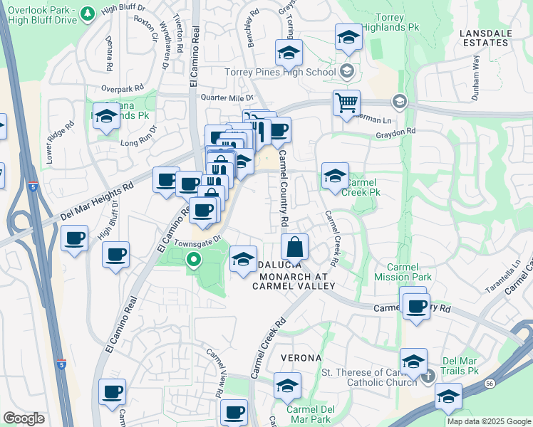 map of restaurants, bars, coffee shops, grocery stores, and more near 12646 Carmel Country Road in San Diego