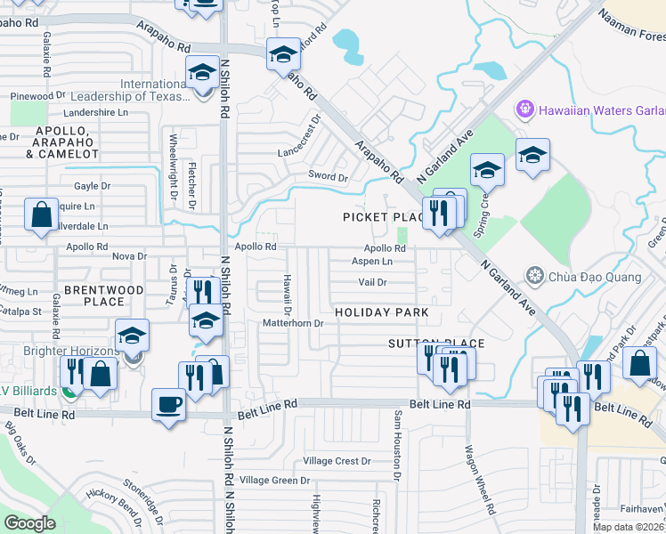 map of restaurants, bars, coffee shops, grocery stores, and more near 2118 Aspen Lane in Garland
