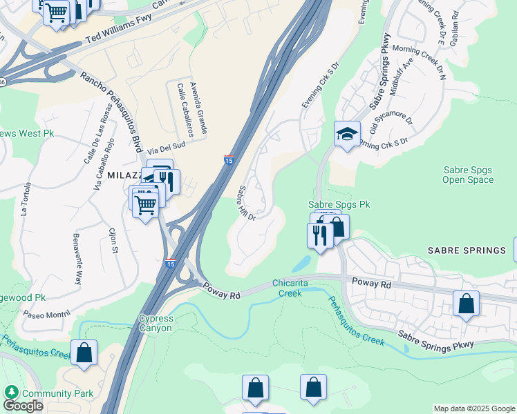 map of restaurants, bars, coffee shops, grocery stores, and more near 10728 Sabre Hill Drive in San Diego
