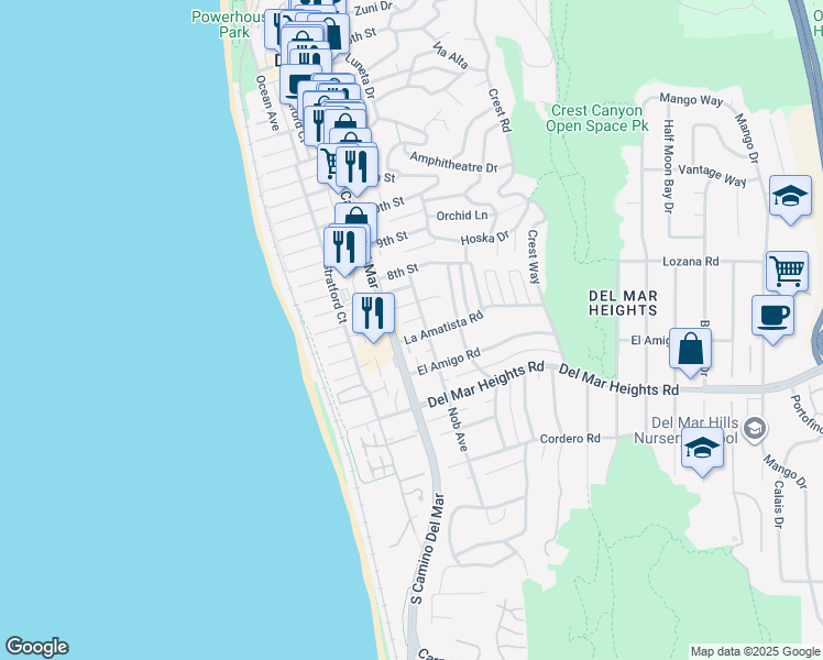 map of restaurants, bars, coffee shops, grocery stores, and more near 326 La Amatista Road in Del Mar