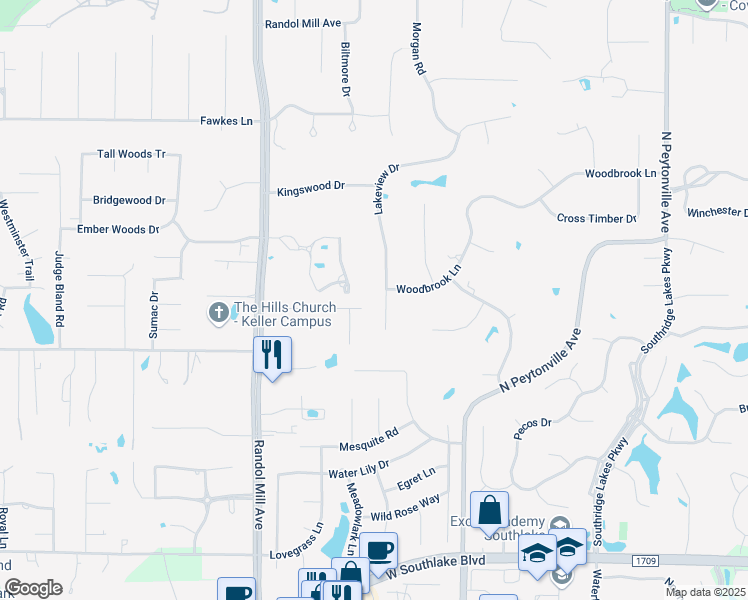 map of restaurants, bars, coffee shops, grocery stores, and more near 1382 Lakeview Drive in Southlake