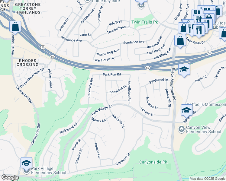 map of restaurants, bars, coffee shops, grocery stores, and more near 8644 Rideabout Lane in San Diego