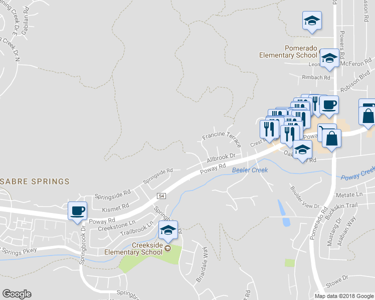 map of restaurants, bars, coffee shops, grocery stores, and more near 12839 Iola Way in Poway